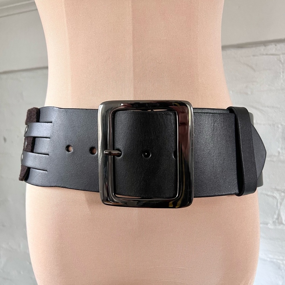 Etcetera Wide Belt Black Leather Brown Suede Woven Size M 30-34 Inch Length - Picture 6 of 11
